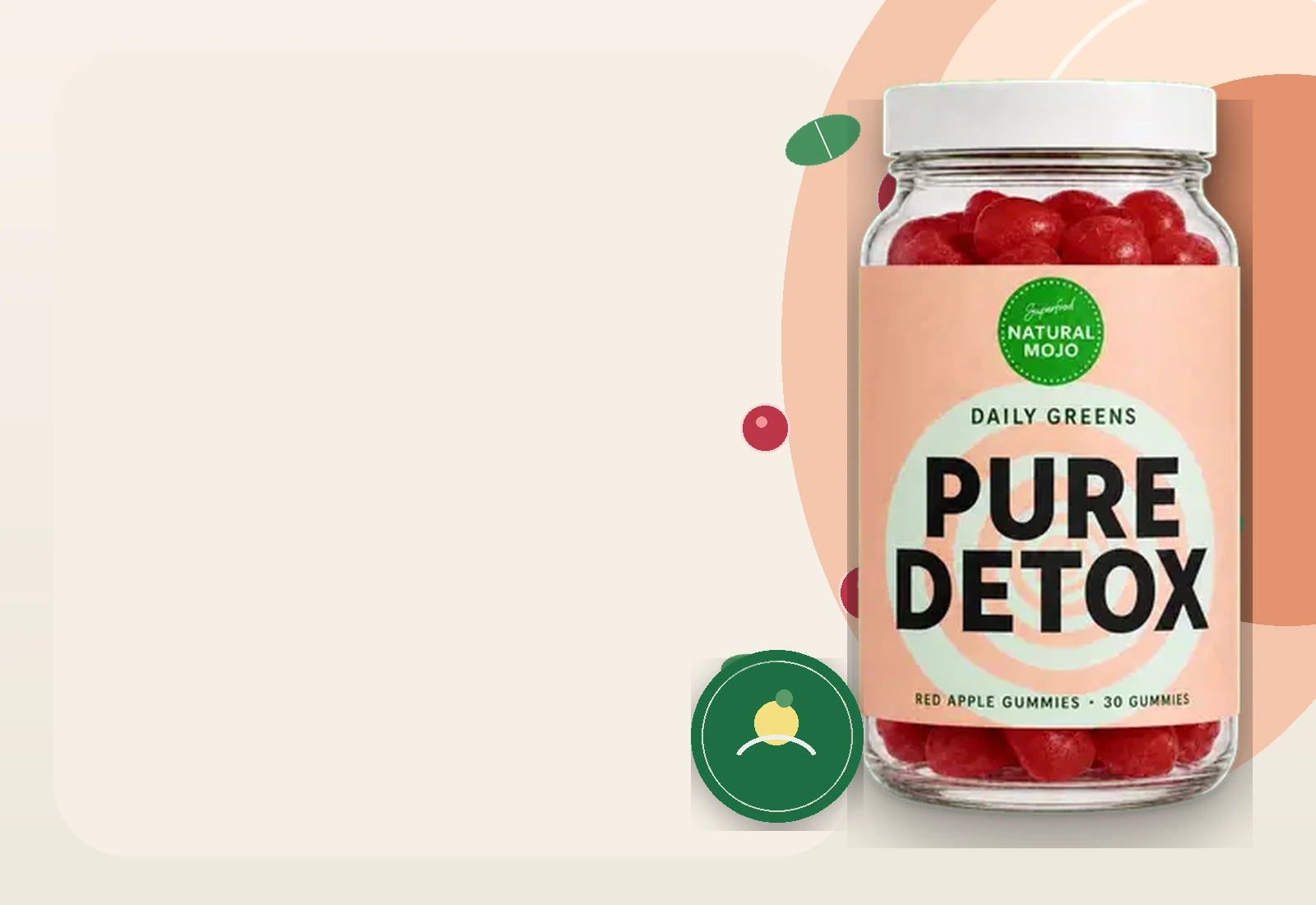 Natural Mojo Pure Detox red apple gummies in a premium peach and green setting